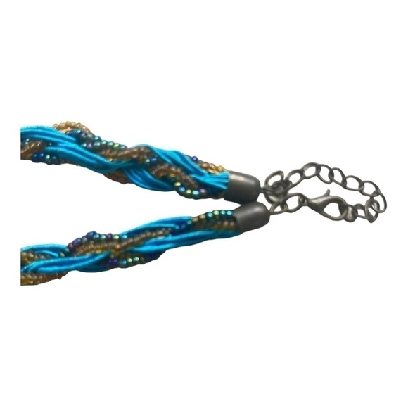 Braided vintage retro style turquoise gold and rainbow strands necklace 19 in - Picture 10 of 11